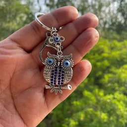 BLUE BEADS Blue and Silver Color Owl with Evil Eye Keychain for Bike/Car Gifting with Key Ring Anti-Rust (Pack of 1) image 4