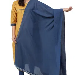 w for woman W for WomanWomen's Cotton Blue Cotton Dupatta With Running Stich Embroidery_23Auw81513-217373_Free Size image 1