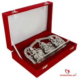 international gift INTERNATIONAL GIFT® Silver Laxmi Ganesh Sarswati Idol Statue Oxidized Finish with Red Velvet Box Packing with Beautiful Carry Bag (14 cm X 25 cm X 5 cm) image 4