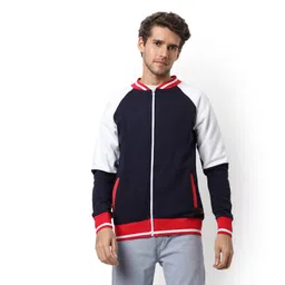 campus sutra Men's Blue & Red Colour-Blocked Solid Regular Fit Cotton Varsity Jacket For Winter Wear | Low-Cut Standing Collar | Full Sleeve | Zipper | Casual Jacket For Man | Stylish Jacket For Men image 2