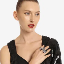 zaveri pearls Silver Tone Barat Design Antique Oxidised Adjustable Finger Ring For Women-ZPFK16650 image 5