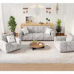 Lukzer 5 Seater Grey Marble Universal Sofa Cover with 2 Pillow Cover | 140 GSM Stretch Fit Polyester & Spandex Slipcover | Fully Covered 3+1+1 Seater Anti-Slip & Washable Protector (SC-039-05) image 1