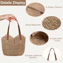 jqwsve Straw Bag for Women Summer Beach Bag Soft Woven Tote Bag Large Rattan Shoulder Bag for Vacation image 3