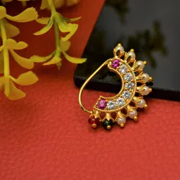 jewelopia Maharashtrian Diamond Banu Nath Ruby AD/CZ Non Piercing Marathi Nose Stud for Girls and Women image 4