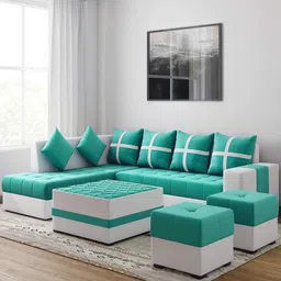 Torque Jamestown L Shaped Sofa 8 Seater with Centre Table and Poufs Left Side-Aqua Blue | L Shape Sofa Set 8 Seater | Sectional Sofa Set for Living Room Festival Gifts image 1