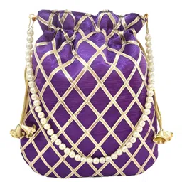 duchess Women's Gota Patti Purple Potli Bag Purse with Pearl Handle image 1