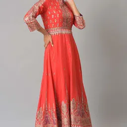 wishful Women's Polyester Tomato Red Festive Mughal Gown Ankle Length Dress image 4