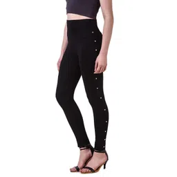 kb creation Poly Cotton Side Pearl Beaded Fashionable Ultra Comfortable Jeggings/Mid Waist Legging/Gym/Track Pant/Active Wear for Girls and Women (Black, Pack of 1) image 3