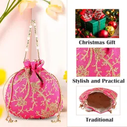 kuber industries Potli Bags for Ladies & Girls | Women Shagun Pouches for Festive Seasons | Batwa Bag Bridal Purse with Embroidery -Pink image 5