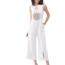 miss chase Women's Off White Solid Regular Length V-Neck Sleeveless Wide Leg Embellished Jumpsuit image 1