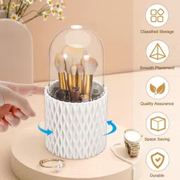INOVERA (LABEL) 5 Slot Makeup Brush Holder | 360° Rotating Cosmetic Display Case Organizer Dustproof Brushes Storage Cases With Lid For Women Girls (White cosmetics) image 3