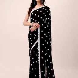 sizu Suzu Women's Polka Dot Embroidered Georgette Saree with Unstitched Blouse with Pearl White Gota Work Embroidery image 4