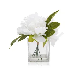 Pure Home + Living White Artificial Peony with Glass Vase Made of Plastic, Wire, Glass) Fake Plants Small, Mini Decorative, Home Office or Gift Wild Artificial Plant with Pot. (15X15X17 CM) Pack of 1 image 5