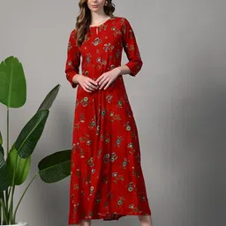 seemrat Women's Long Cotton Gown with Beautiful Sequin Embroidery | Round Neck Back Front Floral Print All Day Comfortable 3/4 Sleeves Maxi Dress for Girls image 3