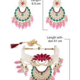 zaveri pearls Green & Pink Meenakari Lotus Multistrand Pearls Choker Necklace Earring & Ring Set For Women-ZPFK14831 image 4
