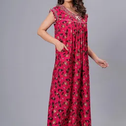 hargun night wear HARGUN Cotton Nightgown, Floral Print, Short Flutter Sleeves, Navy Blue and Gold, Full Length with Pockets image 3