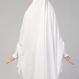 nazneen Stretchable Polyester Knits Smoking At Sleeve Jilbab Cum Prayer Khimar Hijab For Hajj And Umrah, (Female), White image 2