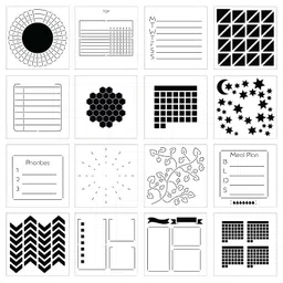 sunny streak Portable Planner Stencils - x16 Small Square Journal Stencils with Templates for Habit Trackers, Calendars, Checklists, Meal Plans - Journaling Supplies Kit & Planner Accessories for Bullet Journals image 1