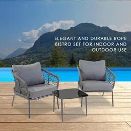 BRISHI Garden Patio Seating Chair and Table Set Outdoor Balcony Garden Coffee Table Set Furniture, 2 Chairs 1 Table Set with Cushions, Braid & Rope- (Grey) image 2