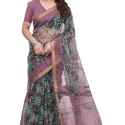 mirchi fashion Women's Kota Doria, Polyester Mix Leaf Floral Printed Saree with Blouse Piece image 1
