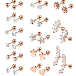 yadoca 14 Pairs Stainless Steel Ear Cartilage Piercing Earrings Helix Tragus Barbell for Women Men Moon Star Heart Flower CZ Stackable Cartilage Earrings Set Silver-tone Rose Gold-tone Rose Gold-tone image 1