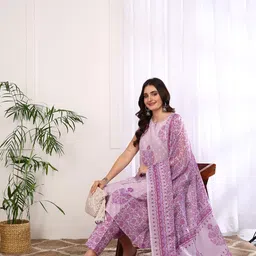 yash gallery Women's Cotton Floral Print Calf Length Keyhole Neck Sleeveless A-Line Kurta with Pant and Duptta image 2