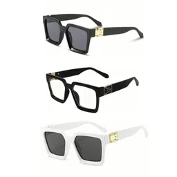 pc star | Full Rim Square Branded Latest and Stylish Sunglasses | 100% UV Protected And Driving Sunglasses | Men & Women | Medium | Black And White Frame/Black And Clear Lens - Pack of 3 image 2