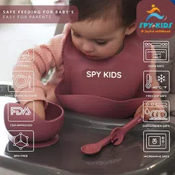 spy kids SPY KIDS® 7Pcs Premium Silicone Baby Feeding Set BPA-Free,Microwave Safe,Anti-Slip Base | Tableware Kit for Babies&Toddlers with Suction Plate,Bowl,Cup, Spoon,Fork,Bib & Baby Finger Tooth Brush| Pink image 3