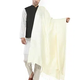 manra Men's Lightweight Self Design Stole, Kashmiri Silk, Pashmina Feel Sun Protection Face Scarves, Shawl Wrap for Gents Summer Casual Fancy Scarf Off White Color Stole Size 40x80 inches image 1