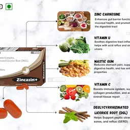 Zincasin +Plus Advanced Leaky Gut Health, Stomach Ulcer, Digestive Tract Aid | Zinc L-Carnosine, DGL Licorice Root Extract, Mastic Gum, Vitamin U & C - 30 Tablets LeeWell Pharma image 4