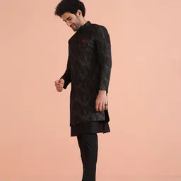 kisah Men's Kurta Sherwani Trouser Set Indo-Western, Black Cotton Blend, Self Design Long Sleeves Regular Fit Mandarin Collar image 3