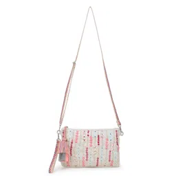 anekaant Glid Striped Sequined Cotton Handloom & Leatherette Sling Bag image 2