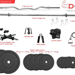 DREAM FIT Professional Rubber Plates Combo - 50Kg Home Gym Set with 3 ft curl Rod, 5 ft Straight Rod, 1 Pair Dumbbell rods and Gym Accessories (50 Kg Set) image 2