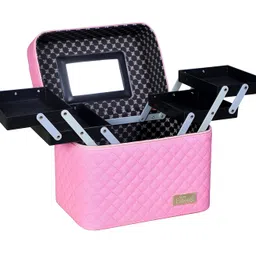 INOVERA (LABEL) Faux Leather Professional Cosmetic Makeup Kit Storage Organizer Toiletry Vanity Bag with Foldable Tray & Mirror (Rose Gold), Cosmetics image 1