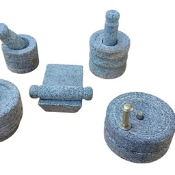 QUBE Stone Miniature Kitchen Set for Kids,Pooja and grahapravesam Set, Traditional Gift for Housewarming,Choppu Saman for Kids,gowramma Set, Decorative Stone Mortar and Pestle Play Set, 5-Piece. image 2