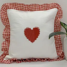 Sleepy Threads Cotton Cushion Covers – 16x16 Inches with Red Frill Borders & Heart Design at Center – Stylish Throw Pillow Covers for Sofa & Bedroom image 2