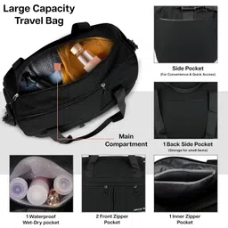 storite Nylon 44 Cm Travel Duffle Bag for Women with Separate Dry and Wet Pocket, Lightweight Waterproof Luggage Bag with Shoe Compartment (Black, 44 x 23 x 20 Cm) image 3