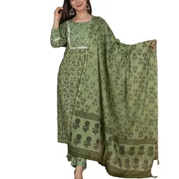 meera fab Women's Cotton Printed Straight Kurta with Palazzo & Dupatta Set with Yoke image 1