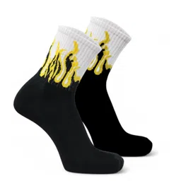 sockscarving feel the comfort Flame Print Crew Socks, Black and Yellow, Athletic Cotton Blend image 1