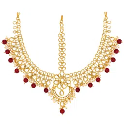 peora Gold Plated Kundan Pearl Maang Tikka Matha Patti Jewellery for Women Girls image 1
