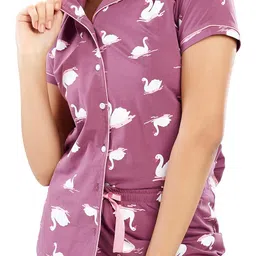 zeyo Women's Cotton Swan Printed Stylish Night Suit Set Of Shirt & Pajama Set 5611 image 2