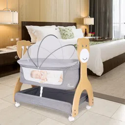 R for Rabbit Lullabies Woodsy 2 in 1 Manual Swing Wooden Cradle Newborn Baby Convertible Cot Bassinet with Mosquito Net, Lockable Wheels & Storage Space for Kids 0-12 Months, Upto 12 Kg (Dark Grey) image 2