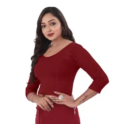 desi girl Round Neck Cotton Lycra Regular Fit Saree Blouse for Women | 3/4 Net Sleeve Readymade Stretchy Plain Design Festive Blouse Perfect for Saree, Lehenga, Kurti | 32 to 44 image 2