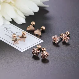 yadoca 14 Pairs Stainless Steel Ear Cartilage Piercing Earrings Helix Tragus Barbell for Women Men Moon Star Heart Flower CZ Stackable Cartilage Earrings Set Silver-tone Rose Gold-tone Rose Gold-tone image 4
