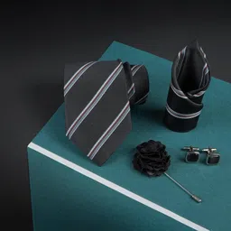 axlon Mens Plaid Micro Self Silk Necktie Gift Set With Pocket Square Cufflinks & Brooch Pin Tie for Men Formal Tie Set with Box (Pack of 4) (Black, 2022AX_3) image 3