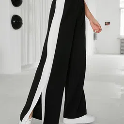 paralians Women Bottom Wear Side Seam Split Hem Polyester Sweatpants with Trendy Black and White Design Wide Leg Pants with Elegant and Relaxed Fit image 2