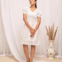 fiorra Women's White Schiffli Work Cotton Skater Dress image 5
