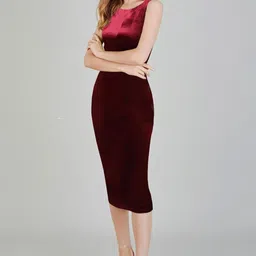 toochki Women's Maroon Velvet Solid Bodycon Western Dress | Dress for Women | A line Dress | Winter Dress | Western Dress | Latest Women Dress | Trendy Dress | Midi Dress image 3