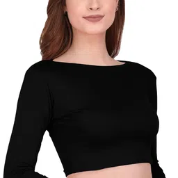 the blazze 1138 Women Cotton Basic Sexy Solid Boat Neck Slim Fit Full Sleeve Saree Readymade Saree Blouse Crop Top T-Shirt for Women image 1