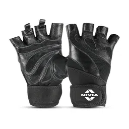NIVIA Tough Grip Sports Gloves Grained sued Leather/Long Neoprene Strap/Sport, Gym & Fitness Hand Gloves for Men (Black,M) image 1